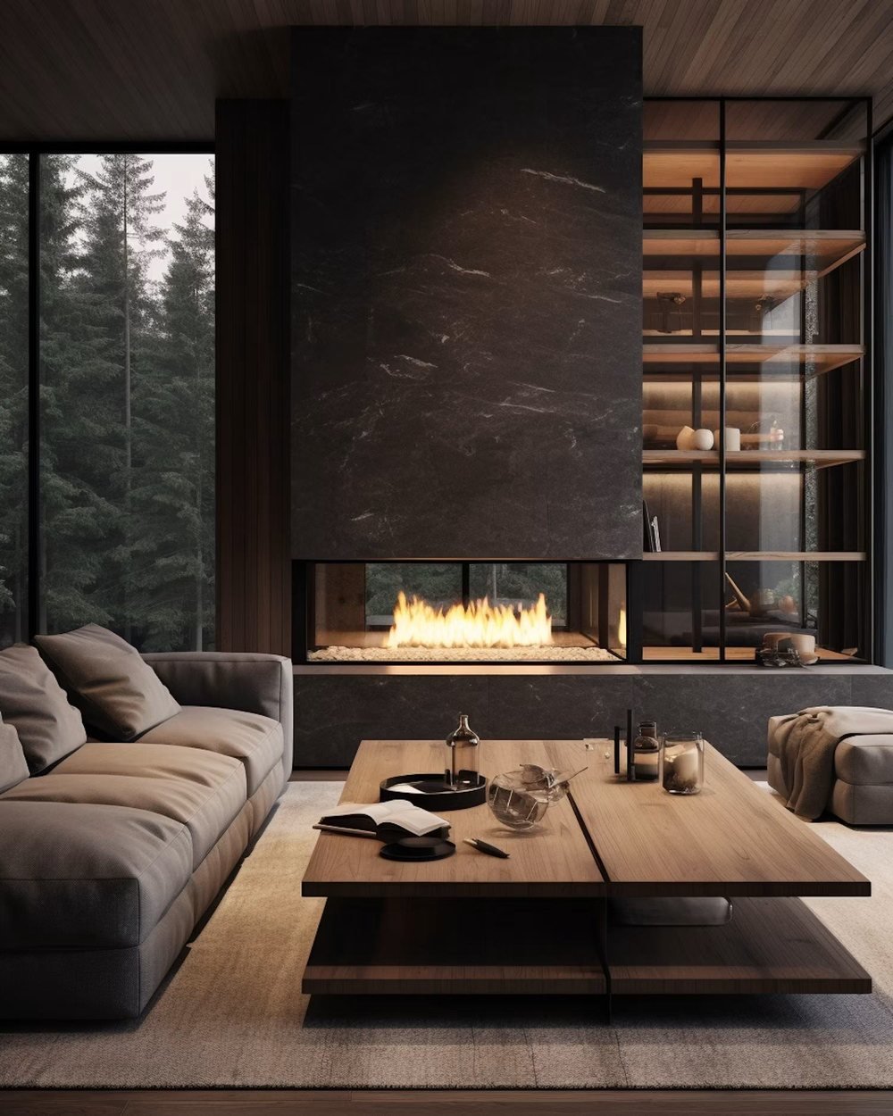Living room with marble fireplace