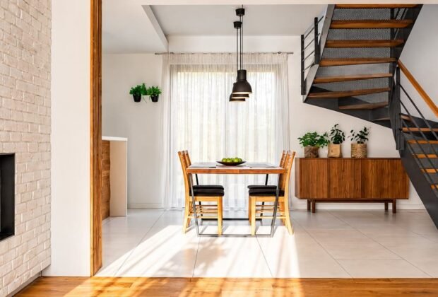 Open plan dining area with staircase