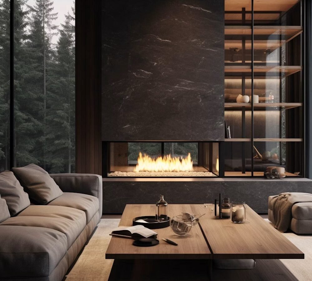 Living room with marble fireplace