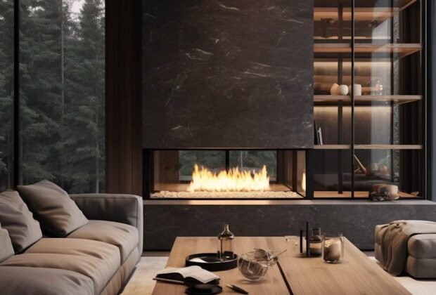 Living room with marble fireplace