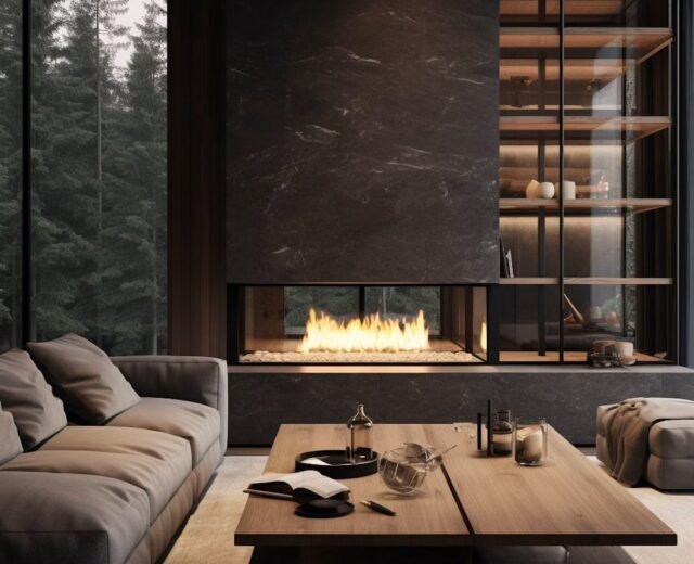 Living room with marble fireplace