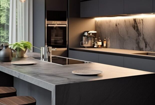 Dark modern kitchen with stone island