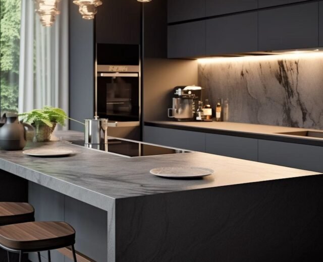 Dark modern kitchen with stone island